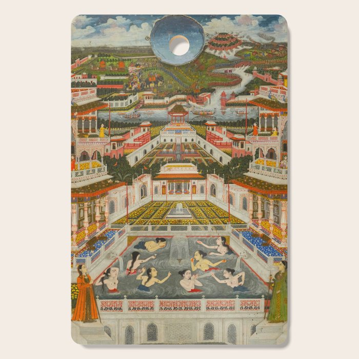 Women bathing before an architectural panorama c. 1765 Fayzullah (Indian, active c. 1730-1765) India, Lucknow, Mughal Indian Miniature Painting  Cutting Board Gallery Image 1