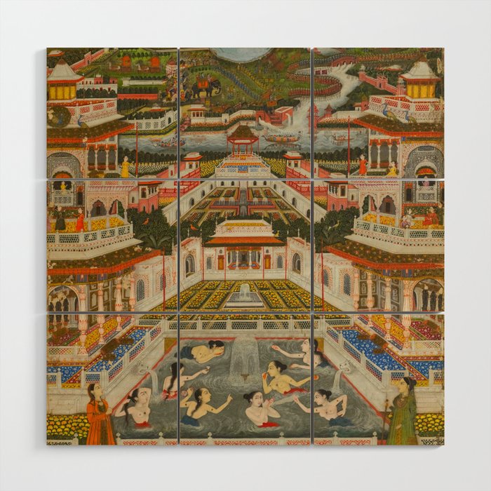 Women bathing before an architectural panorama c. 1765 Fayzullah (Indian, active c. 1730-1765) India, Lucknow, Mughal Indian Miniature Painting  Wood Wall Art Gallery Image 1