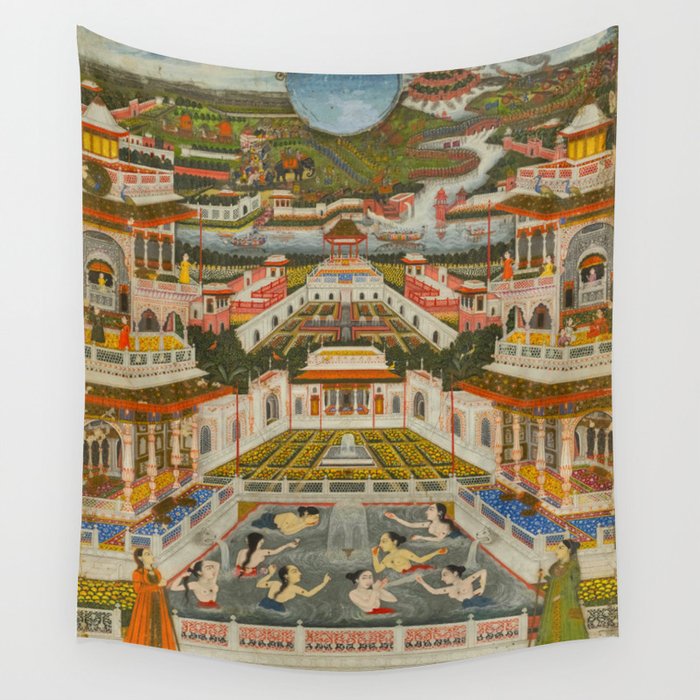 Women bathing before an architectural panorama c. 1765 Fayzullah (Indian, active c. 1730-1765) India, Lucknow, Mughal Indian Miniature Painting  Wall Tapestry Gallery Image 4