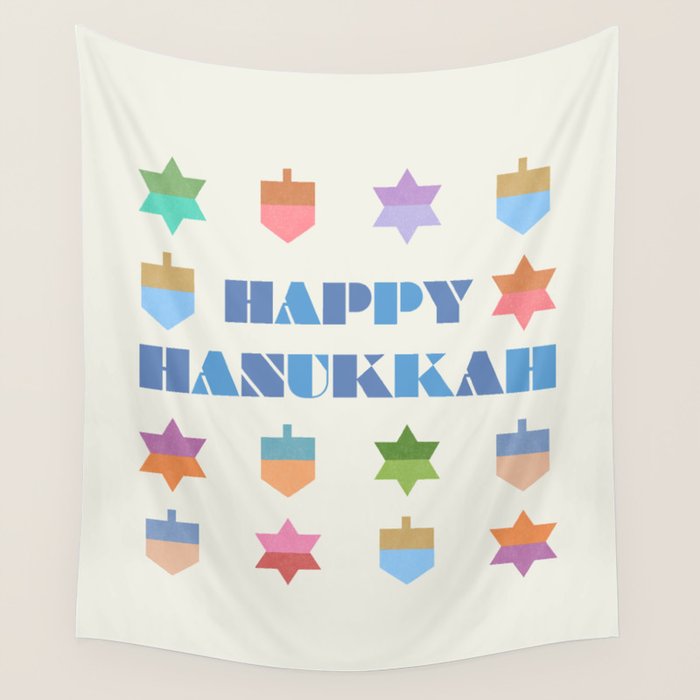 Happy Hanukkah | Dreidels & Star Pattern Wall Tapestry Gallery Image 1