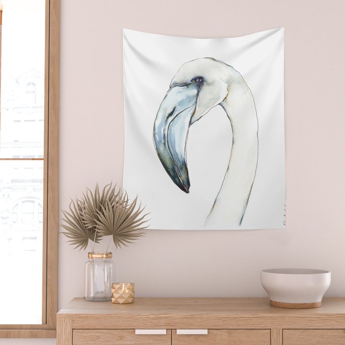 Flamingo Portrait in Blue and Ivory Wall Tapestry Gallery Image 2