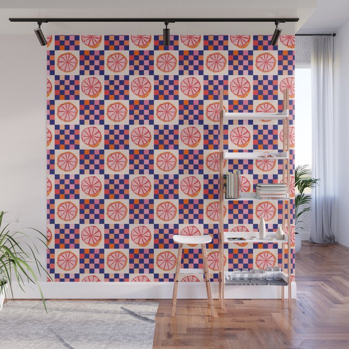 Checkered Sliced Citrus Fruit in Navy & Peachy Pink Wall Mural Gallery Image 1