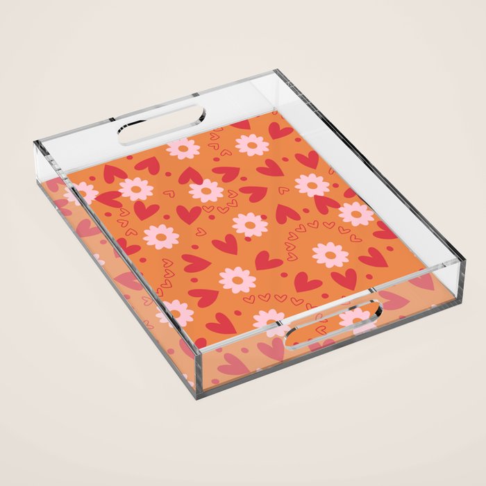 Hearts and Flowers on Orange Acrylic Tray Gallery Image 1