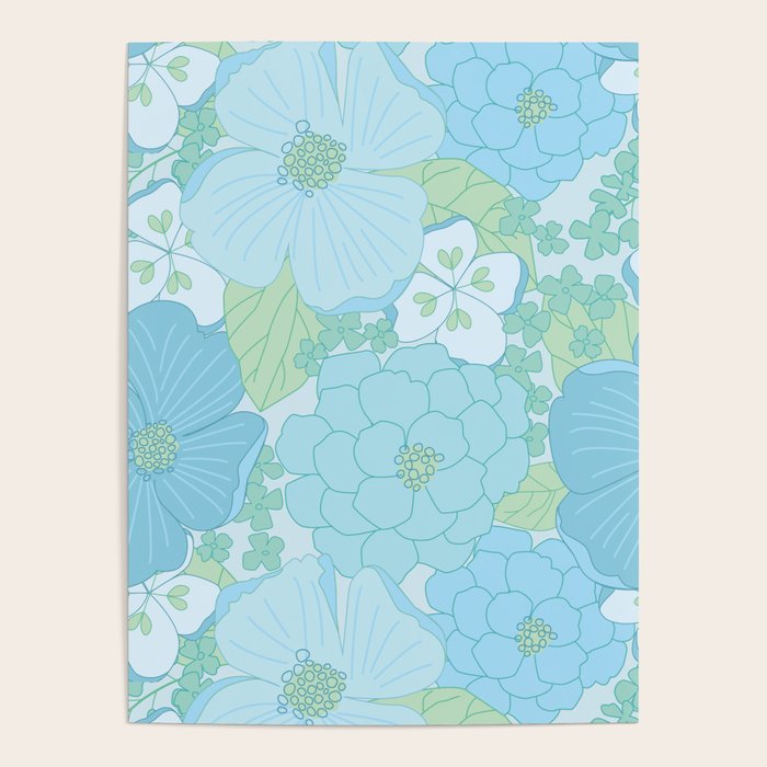 Light Blue Pastel Vintage Floral Pattern Poster Gallery Image 4