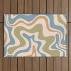 Retro Liquid Swirl Abstract Pattern in Muted Green Blue Apricot Cream Outdoor Rug Gallery Image 1