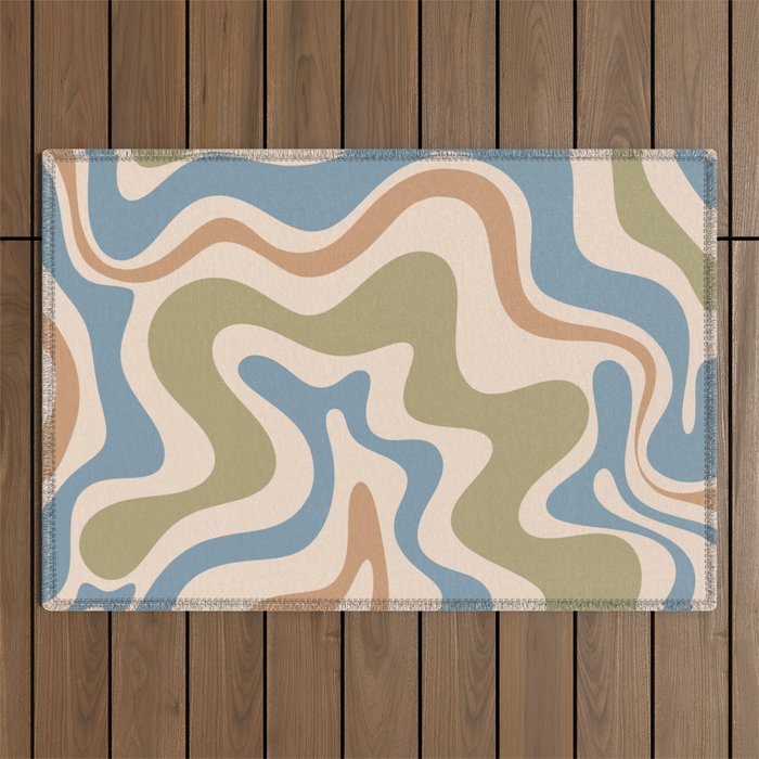 Retro Liquid Swirl Abstract Pattern in Muted Green Blue Apricot Cream Outdoor Rug Gallery Image 1