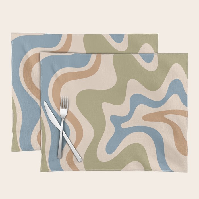 Retro Liquid Swirl Abstract Pattern in Muted Green Blue Apricot Cream Placemat Gallery Image 1