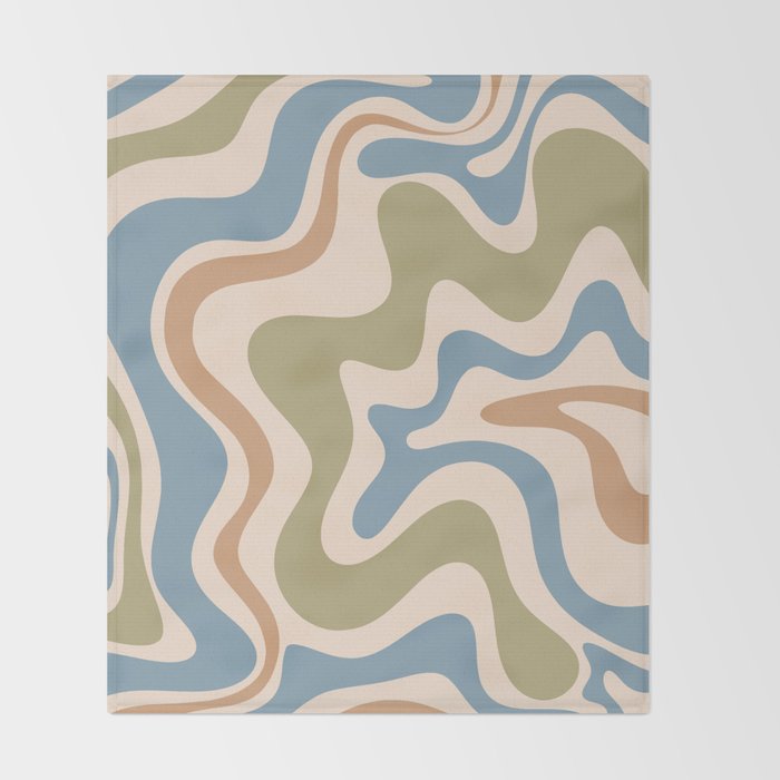 Retro Liquid Swirl Abstract Pattern in Muted Green Blue Apricot Cream Throw Blanket Gallery Image 2