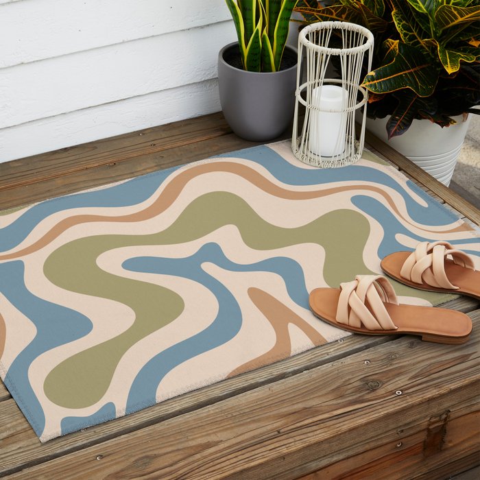 Retro Liquid Swirl Abstract Pattern in Muted Green Blue Apricot Cream Outdoor Rug Gallery Image 2