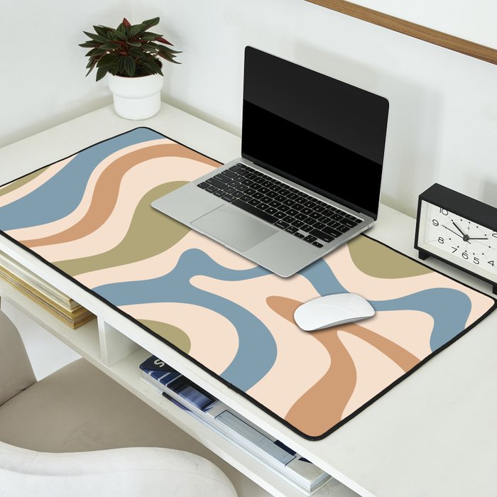 Retro Liquid Swirl Abstract Pattern in Muted Green Blue Apricot Cream Desk Mat Gallery Image 2