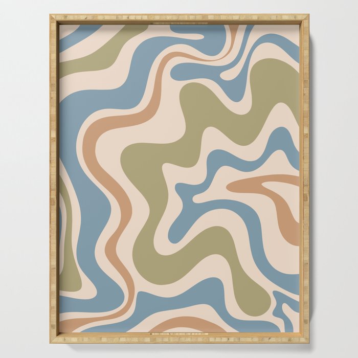 Retro Liquid Swirl Abstract Pattern in Muted Green Blue Apricot Cream Serving Tray Gallery Image 1
