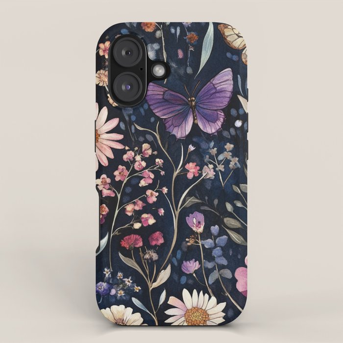 Night Garden Flowers Butterflies Watercolor iPhone Case Gallery Image 1
