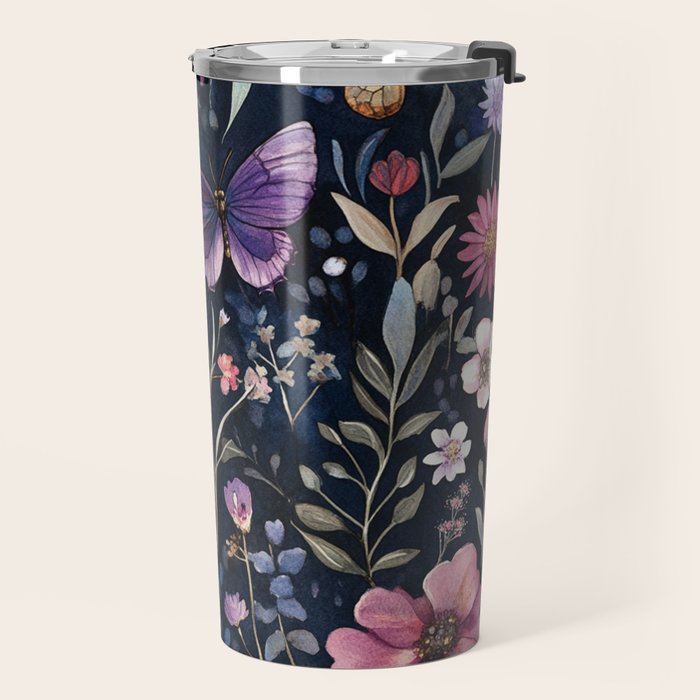 Night Garden Flowers Butterflies Watercolor Travel Mug Gallery Image 2