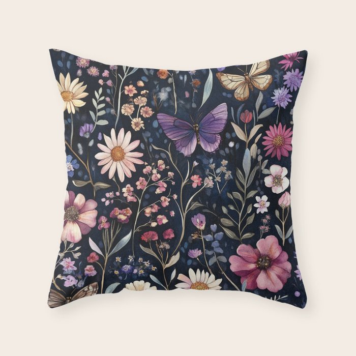 Night Garden Flowers Butterflies Watercolor Throw Pillow Gallery Image 6