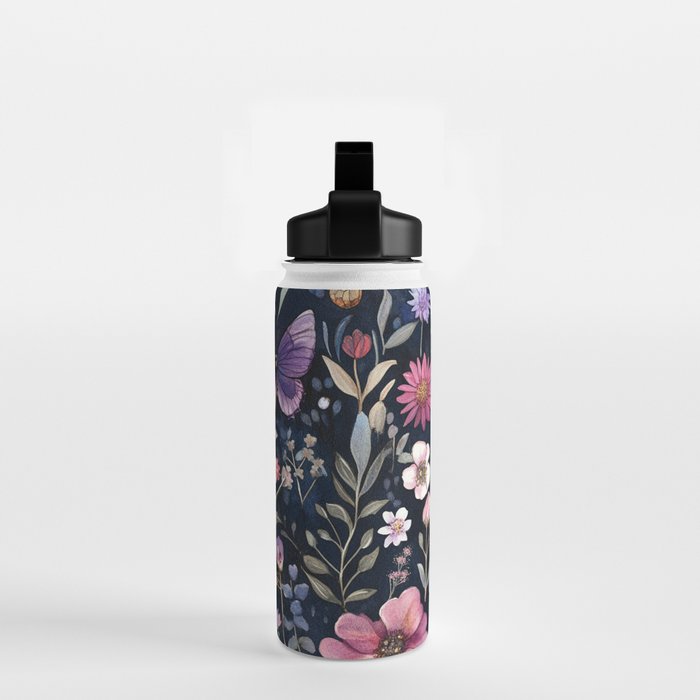 Night Garden Flowers Butterflies Watercolor Water Bottle Gallery Image 2