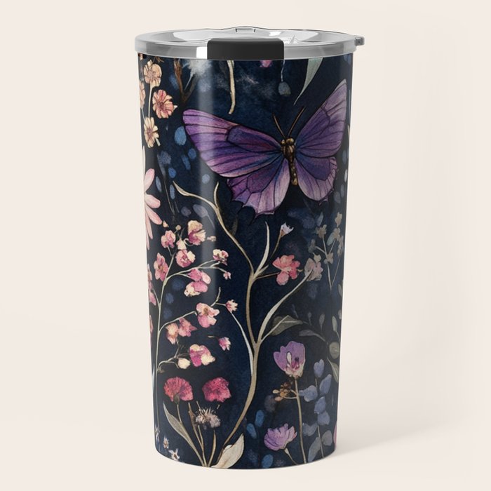 Night Garden Flowers Butterflies Watercolor Travel Mug Gallery Image 1