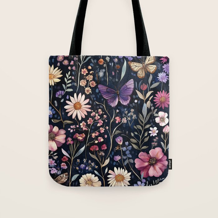 Night Garden Flowers Butterflies Watercolor Tote Bag Gallery Image 1