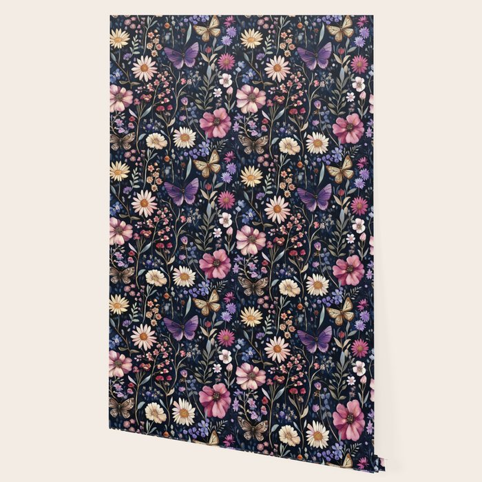 Night Garden Flowers Butterflies Watercolor Wallpaper Gallery Image 2