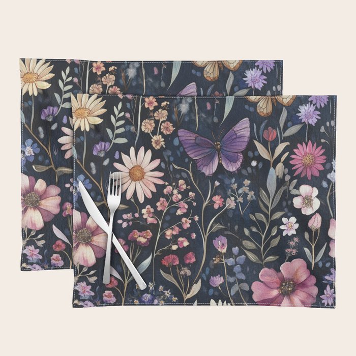 Night Garden Flowers Butterflies Watercolor Placemat Gallery Image 1