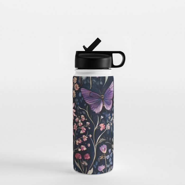 Night Garden Flowers Butterflies Watercolor Water Bottle Gallery Image 1