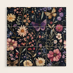 Night Garden Flowers Butterflies Watercolor Wood Wall Art Gallery Image 1