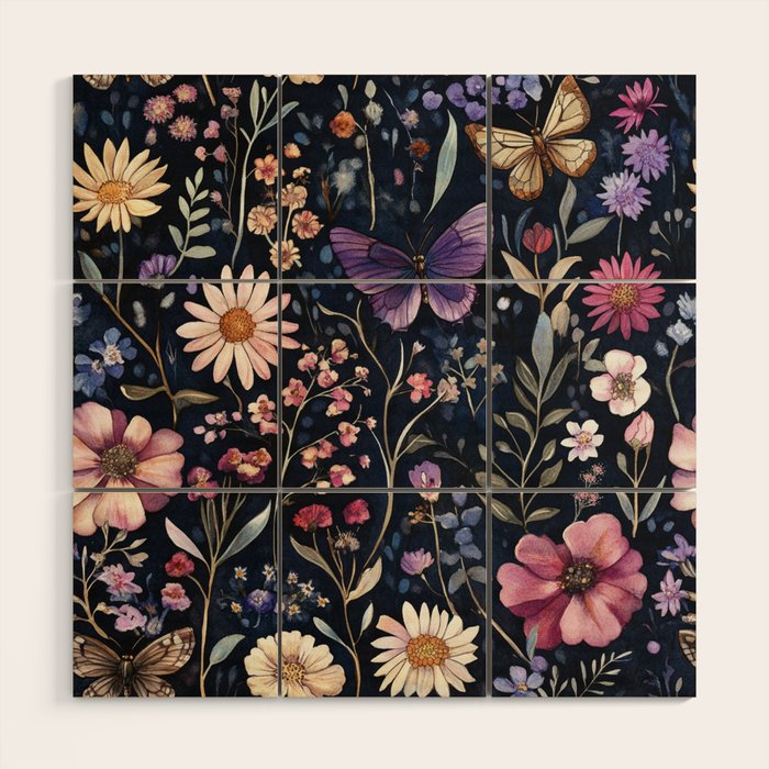 Night Garden Flowers Butterflies Watercolor Wood Wall Art Gallery Image 1