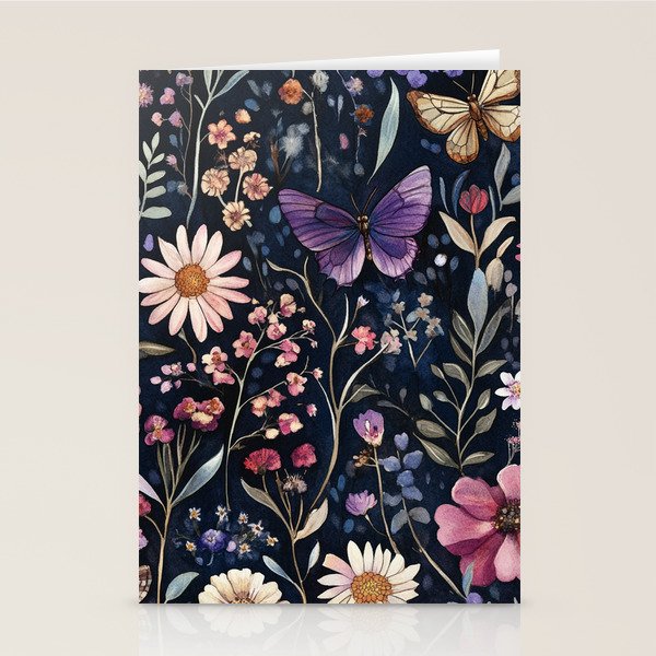 Night Garden Flowers Butterflies Watercolor Stationery Card Gallery Image 2