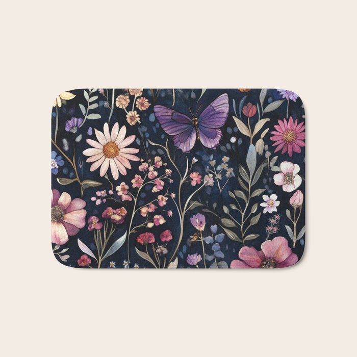 Night Garden Flowers Butterflies Watercolor Bath Mat Gallery Image 1