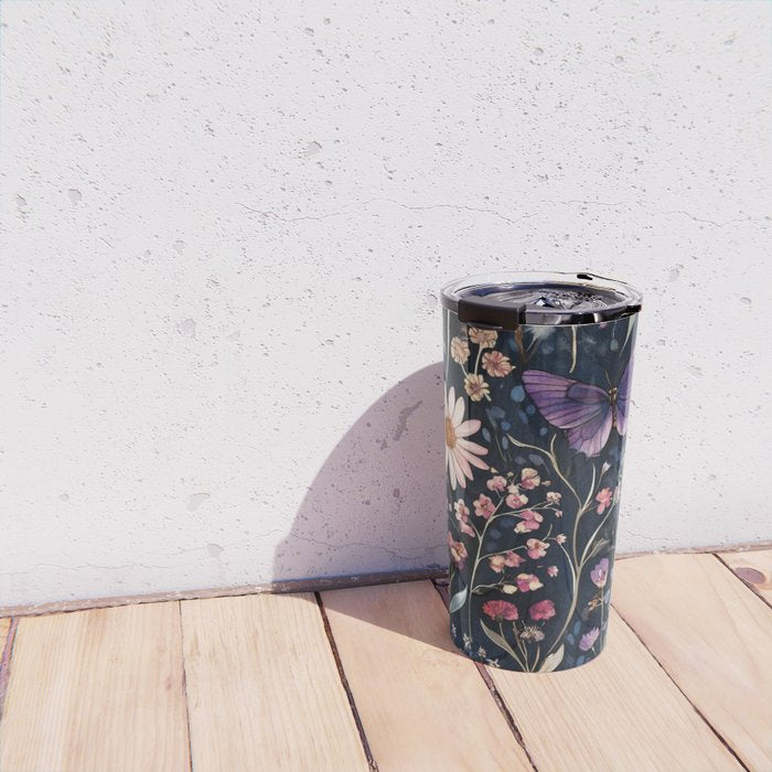 Night Garden Flowers Butterflies Watercolor Travel Mug Gallery Image 4