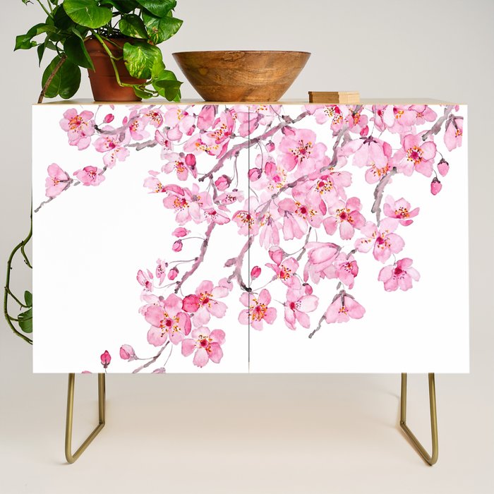 pink cherry blossom watercolor 2020 Credenza Gallery Image 1