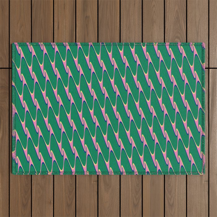 Retro Wavy Geometric Pink Green Zigzag Abstract Pattern Outdoor Rug Gallery Image 1