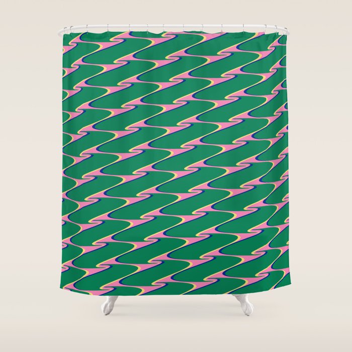 Retro Wavy Geometric Pink Green Zigzag Abstract Pattern Shower Curtain Gallery Image 1