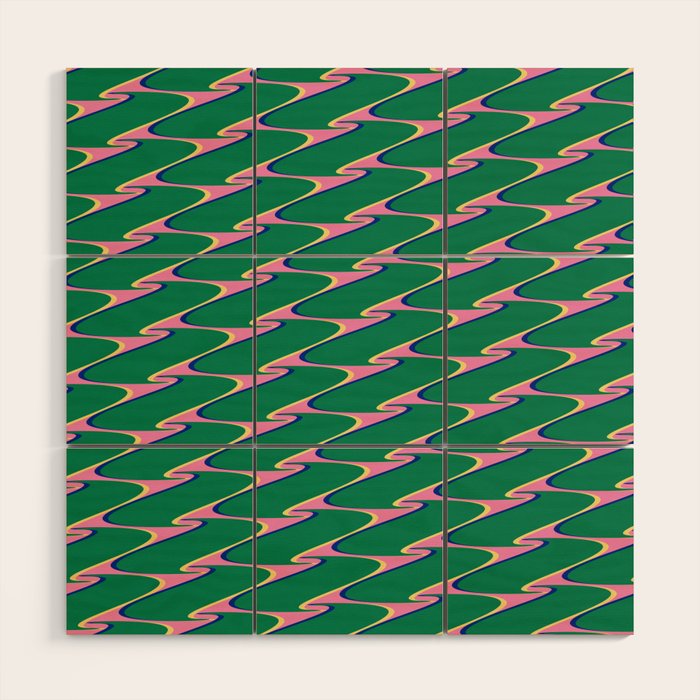 Retro Wavy Geometric Pink Green Zigzag Abstract Pattern Wood Wall Art Gallery Image 1