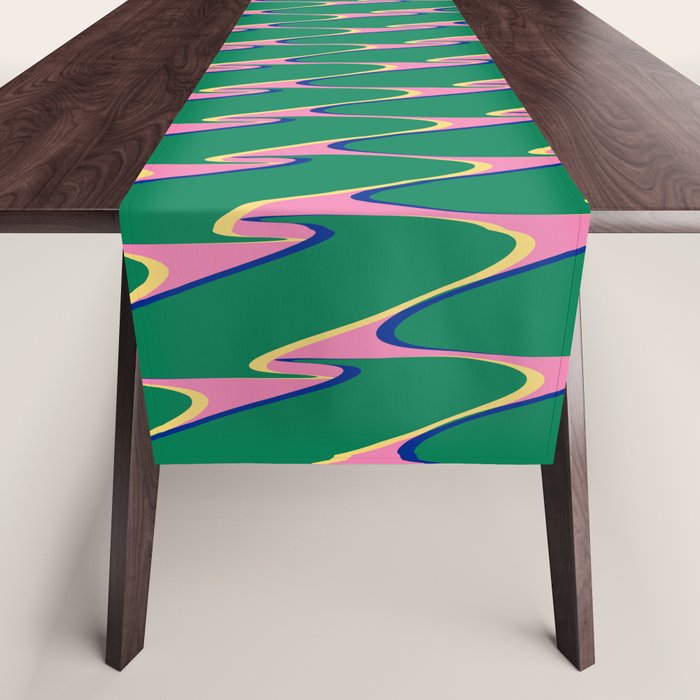 Retro Wavy Geometric Pink Green Zigzag Abstract Pattern Table Runner Gallery Image 1