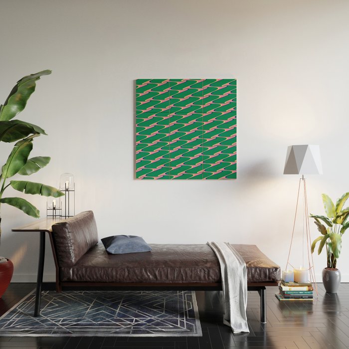 Retro Wavy Geometric Pink Green Zigzag Abstract Pattern Wood Wall Art Gallery Image 2