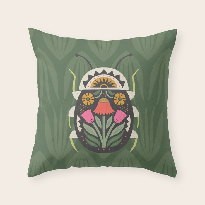Folk Art Beetle Throw Pillow Gallery Image 1