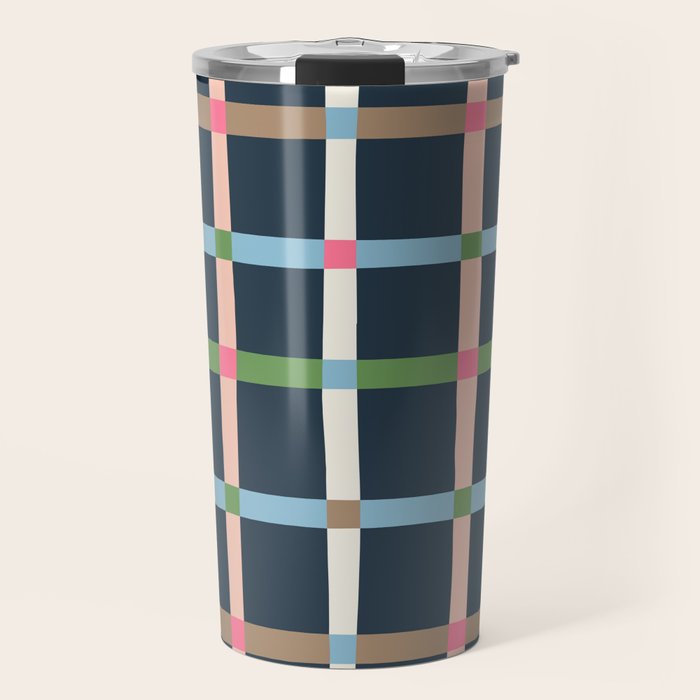 Windowpane Plaid Multicolor on Dark Blue Travel Mug Gallery Image 1