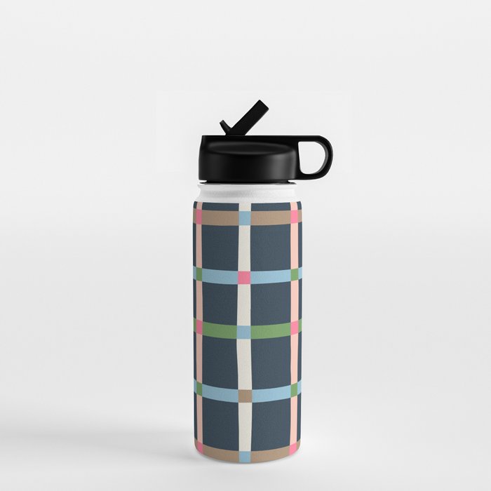 Windowpane Plaid Multicolor on Dark Blue Water Bottle Gallery Image 1