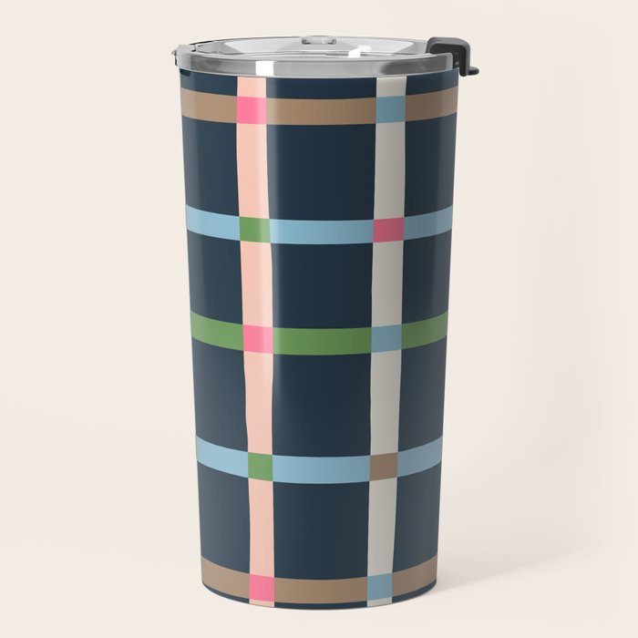 Windowpane Plaid Multicolor on Dark Blue Travel Mug Gallery Image 2