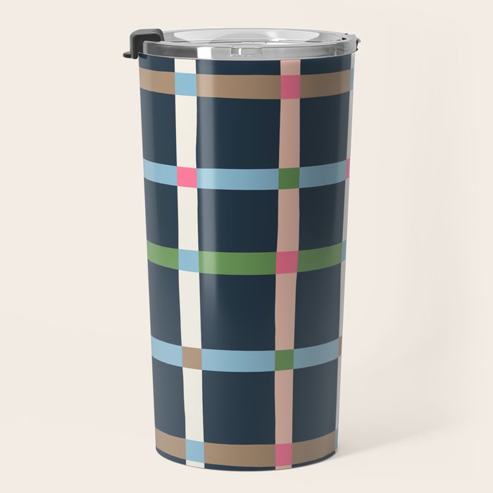 Windowpane Plaid Multicolor on Dark Blue Travel Mug Gallery Image 3