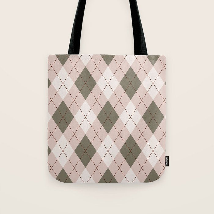 Classic Argyle Pattern Sage and Baby Pink Tote Bag Gallery Image 1