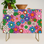 Groovy Retro Garden Colorful 60s 70s Pink Floral Pattern Credenza Gallery Image 1