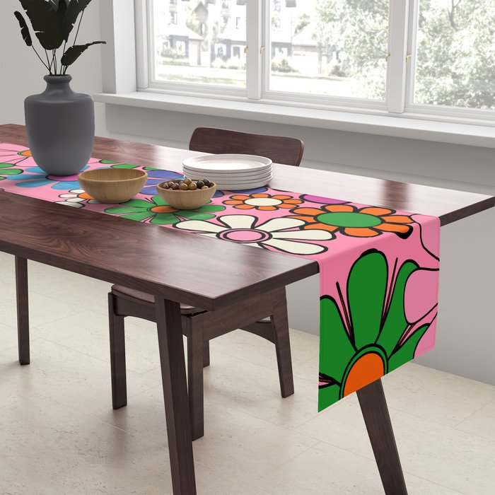 Groovy Retro Garden Colorful 60s 70s Pink Floral Pattern Table Runner Gallery Image 2