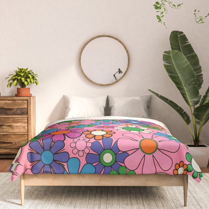 Groovy Retro Garden Colorful 60s 70s Pink Floral Pattern Comforter Gallery Image 3