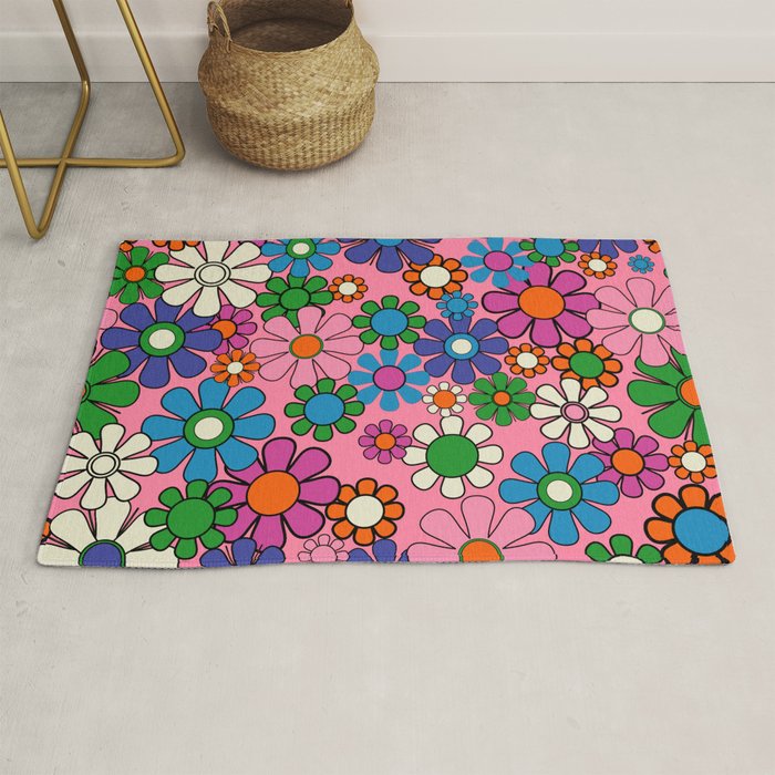 Groovy Retro Garden Colorful 60s 70s Pink Floral Pattern Rug Gallery Image 1