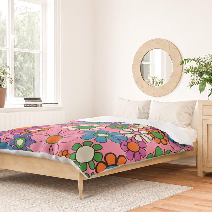 Groovy Retro Garden Colorful 60s 70s Pink Floral Pattern Duvet Cover Gallery Image 2