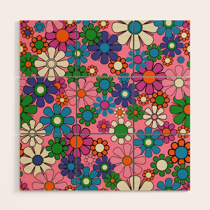 Groovy Retro Garden Colorful 60s 70s Pink Floral Pattern Wood Wall Art Gallery Image 1