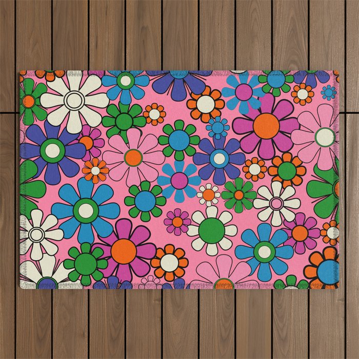 Groovy Retro Garden Colorful 60s 70s Pink Floral Pattern Outdoor Rug Gallery Image 1