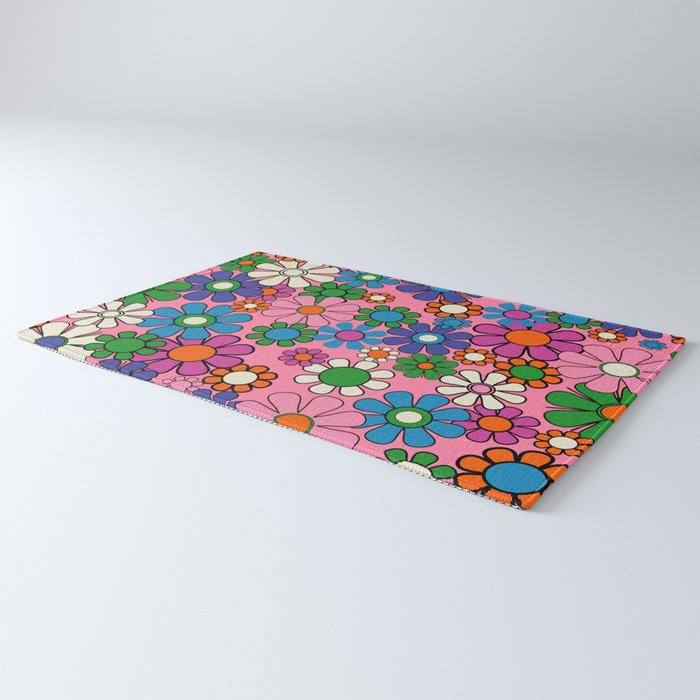 Groovy Retro Garden Colorful 60s 70s Pink Floral Pattern Rug Gallery Image 3