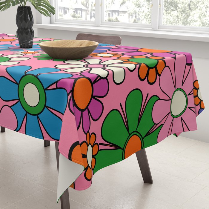Groovy Retro Garden Colorful 60s 70s Pink Floral Pattern Tablecloth Gallery Image 3